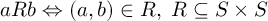 (TeX formula: 
aRb ⇔ (a,b)∈R, \; R⊆S×S
)