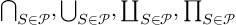 (TeX formula: 
\bigcap_{S∈𝒫}, \bigcup_{S∈𝒫}, ∐_{S∈𝒫}, \prod_{S∈𝒫}
)