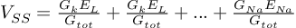 (TeX formula:  V_{SS} = \frac{G_k E_L}{G_{tot}} + \frac{G_k E_L}{G_{tot}} + ... + \frac{G_{Na} E_{Na}}{G_{tot}} )