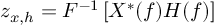 (TeX formula:  z_{x,h} = F^{-1} \left[ X^*(f)H(f) \right] )