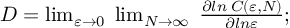 (TeX formula:  D = \lim_{ε→0}\;\lim_{N→∞} \; \frac{∂ln\;C(ε,N)}{∂lnε};)