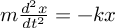 (TeX formula:   m \frac{d^2x}{dt^2} = -kx )