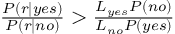 (TeX formula:  \frac {P(r|yes)} {P(r|no)} >             \frac {L_{yes}P(no)} {L_{no} P(yes)} )