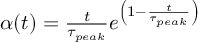 (TeX formula: α(t) = \frac{t}{τ_{peak}}e^{\left( 1 -
\frac{t}{τ_{peak}} \right)})