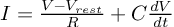 (TeX formula:  I = \frac{V - V_{rest}}{R} + C\frac{dV}{dt} )