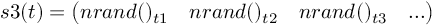 (TeX formula:  s3(t) = \begin{pmatrix} nrand()_{t1} & nrand()_{t2} & nrand()_{t3} & ... \end{pmatrix} )