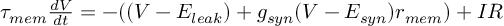 (TeX formula:  τ_{mem}\frac{dV}{dt} = -((V-E_{leak}) +                                       g_{syn}(V-E_{syn})r_{mem}) + IR )