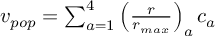 (TeX formula:  v_{pop} =             ∑_{a=1}^{4} \left( \frac{r}{r_{max}} \right)_a c_a )