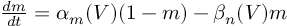 (TeX formula:  \frac{dm}{dt} = α_m(V)(1-m) - β_n(V)m )