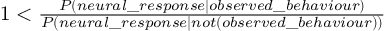 (TeX formula:  1 < \frac {P(neural\_response|observed\_behaviour)}                        {P(neural\_response|not(observed\_behaviour))} )