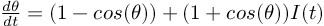 (TeX formula:  \frac{dθ}{dt} = (1 - cos(θ)) + (1 + cos(θ))I(t) )