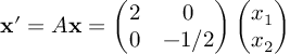 (TeX formula: 𝐱'=A𝐱=
\begin{pmatrix}
2 & 0 \\
0 & -1/2
\end{pmatrix}
\begin{pmatrix}
x_{1} \\
x_{2}
\end{pmatrix})